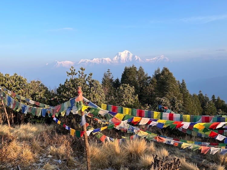 böneflaggor och utsikt mot Dhaulagiri från Poon Hill, Nepal