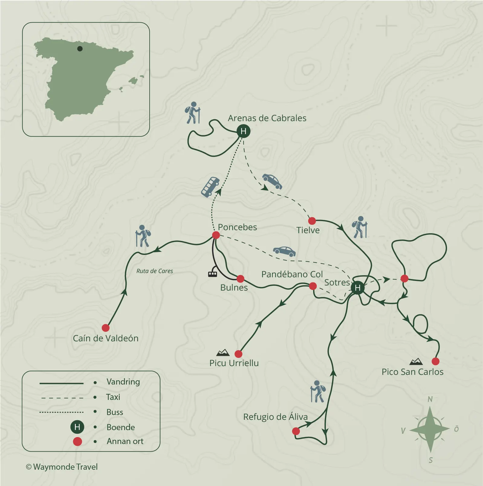 Karta över vandringsresa i Picos de Europa