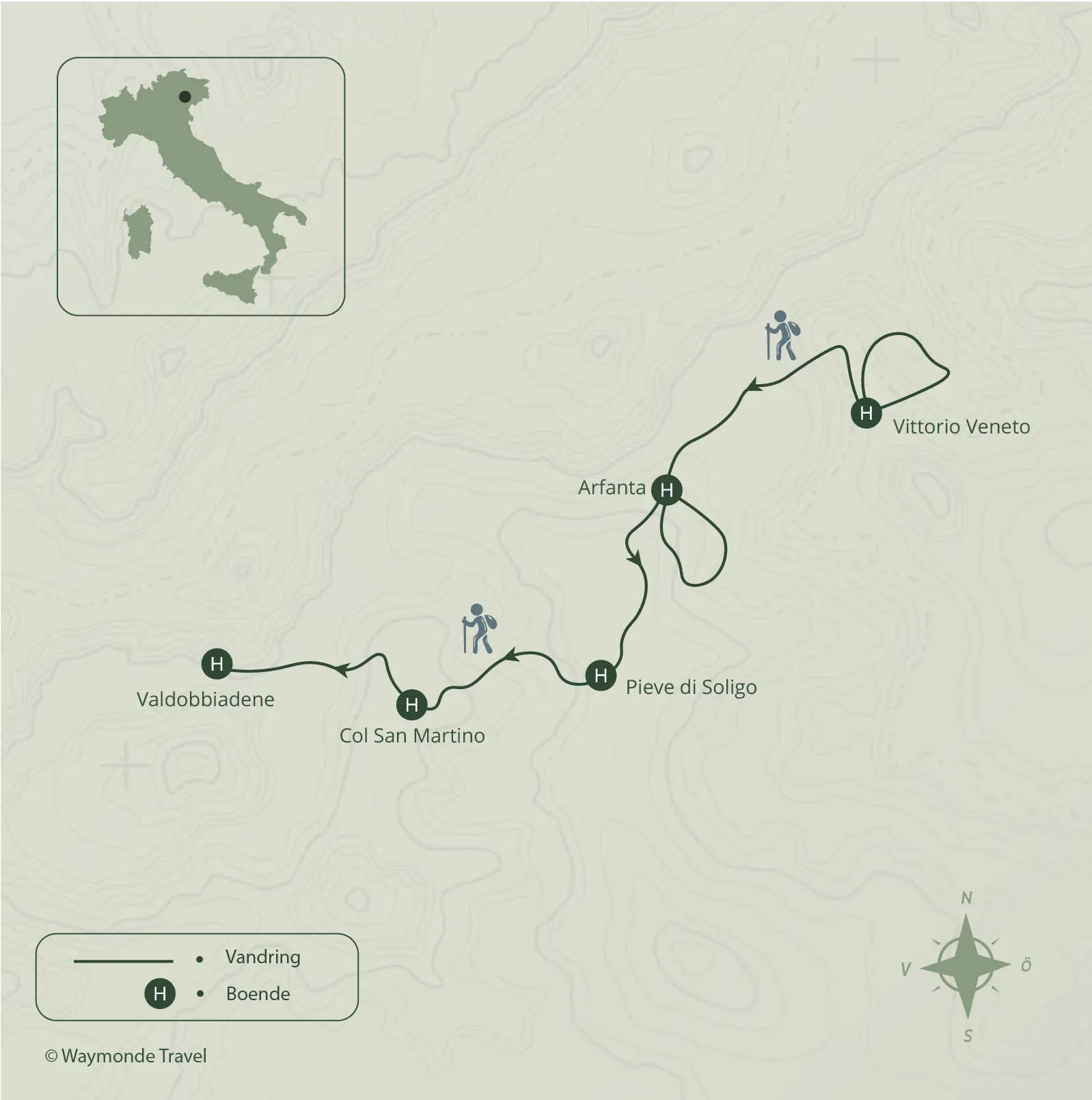 Karta över vandringsresa i Italien, Proseccorutten