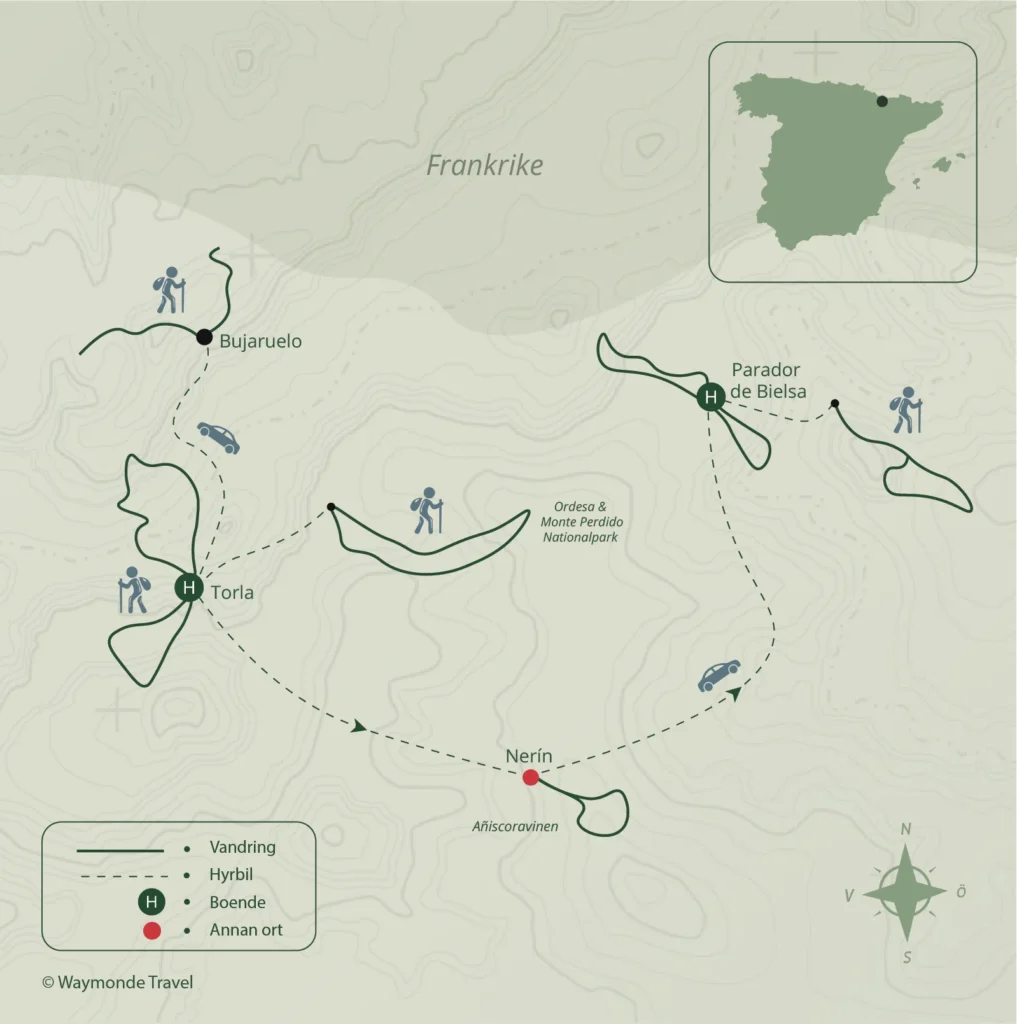 Karta över vandring i Ordesa och Monte Perdido