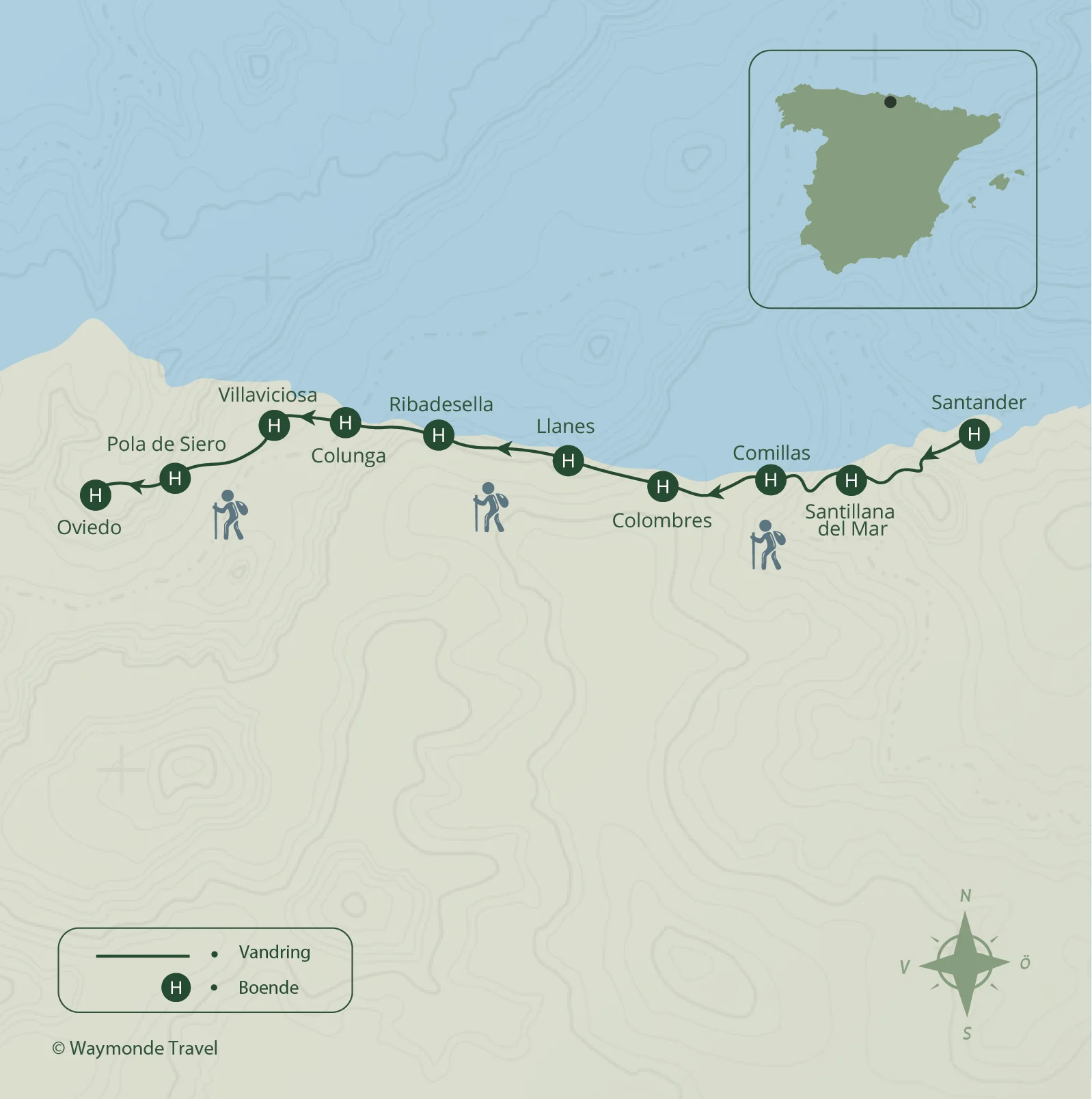 Karta över pilgrimsvandring i Spanien, Camino del Norte del 3 mellan Santander och Oviedo