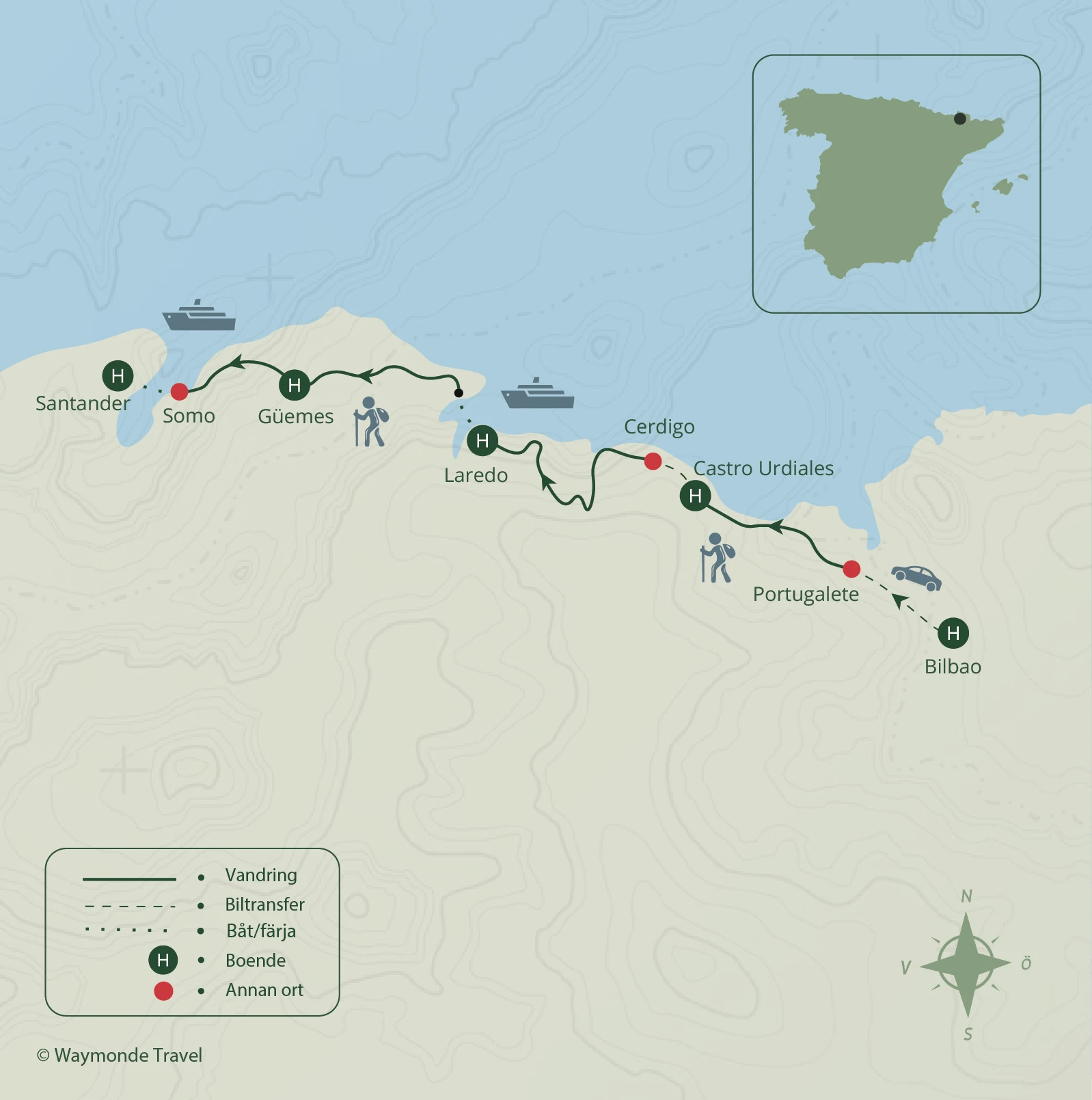 Karta över pilgrimsvandring i Spanien längs Camino del Norte del 2