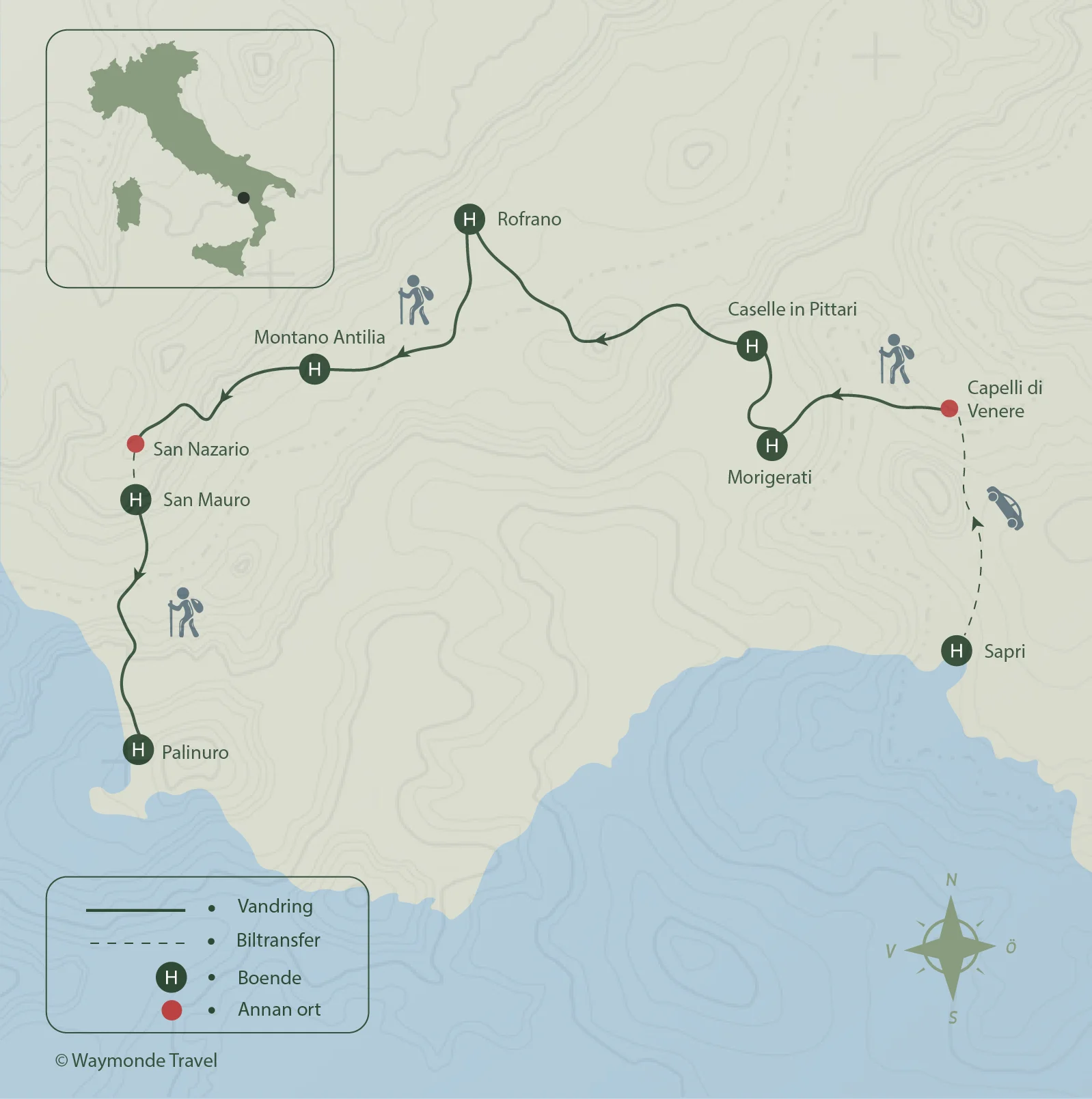 Karta över vandring i CIlento, Camino di San Nilo