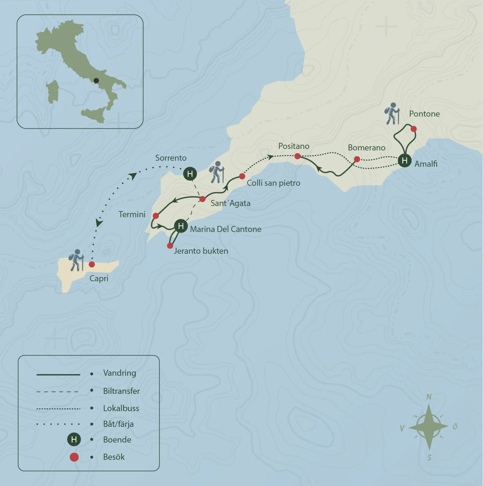 Karta över vandringsresa på Amalfikusten och Sorrentohalvön