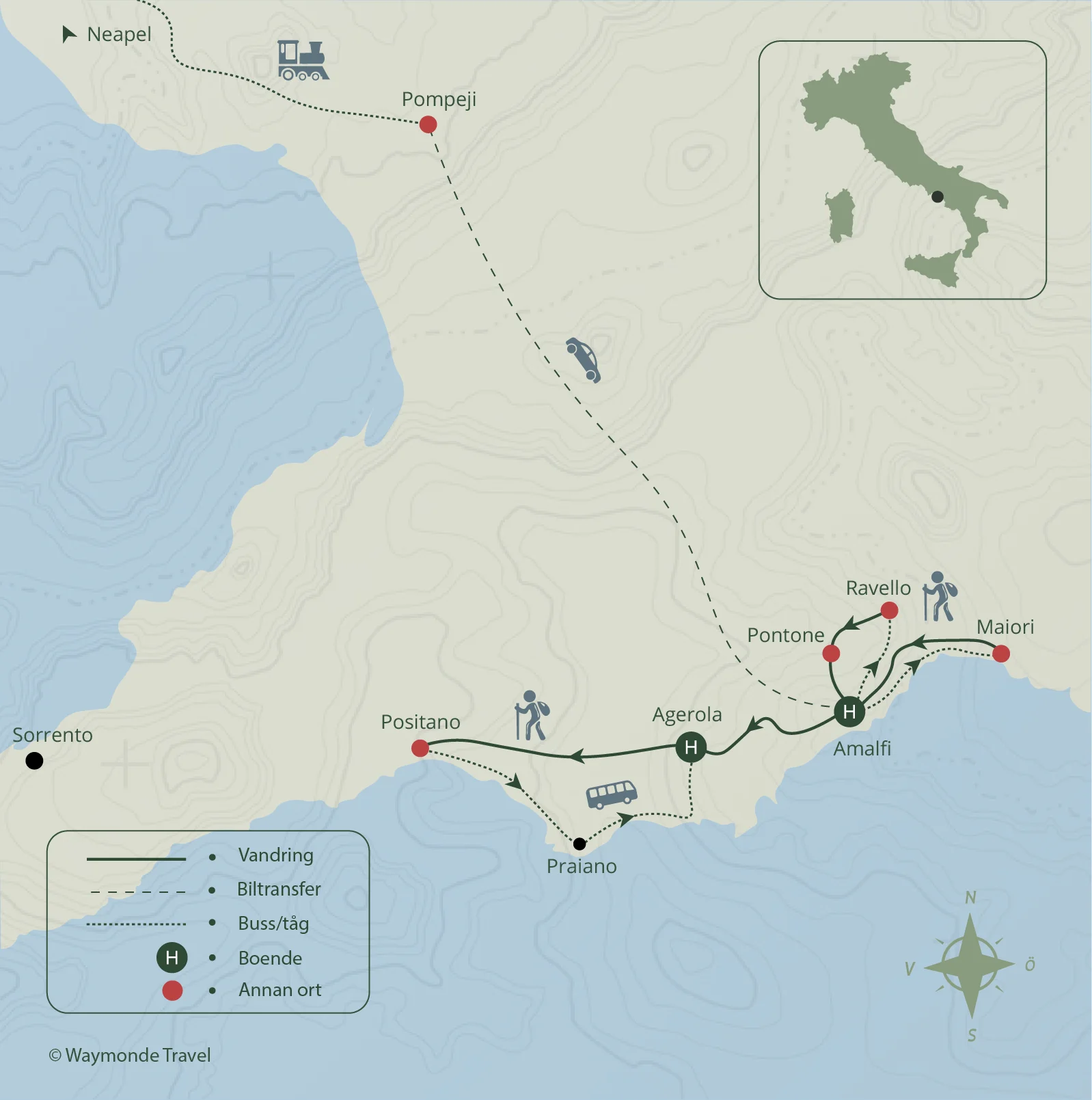 Karta över vandringsresa på Amalfikusten