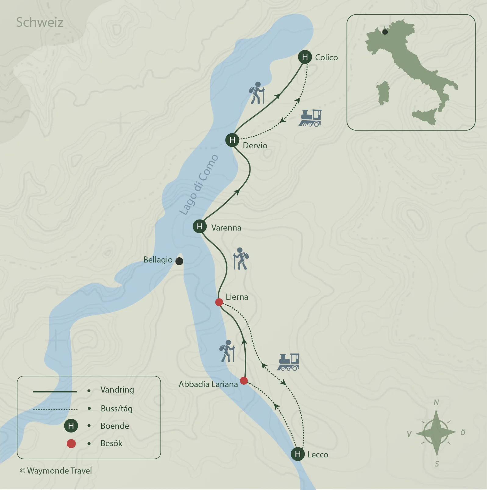 Karta över vandring vid Östra Comosjön