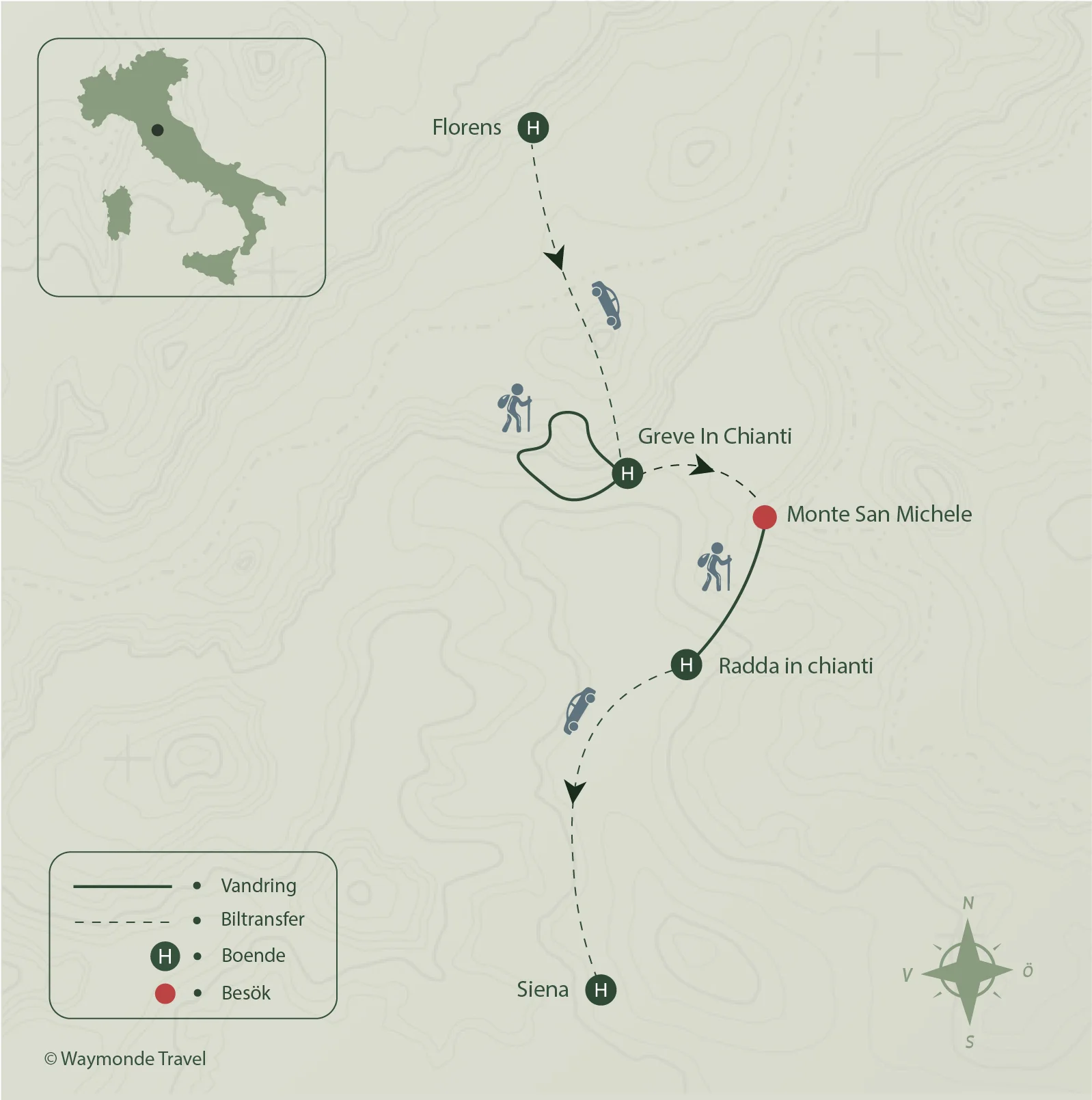 Karta över vandring i vindistriktet Chianti i Toscana