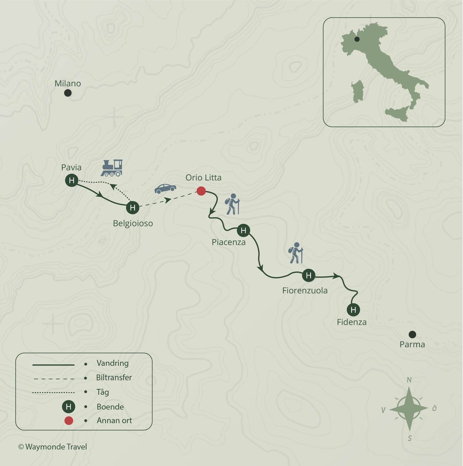 Karta över vandringsresa Via Francigena mellan Pavia och Fidenza