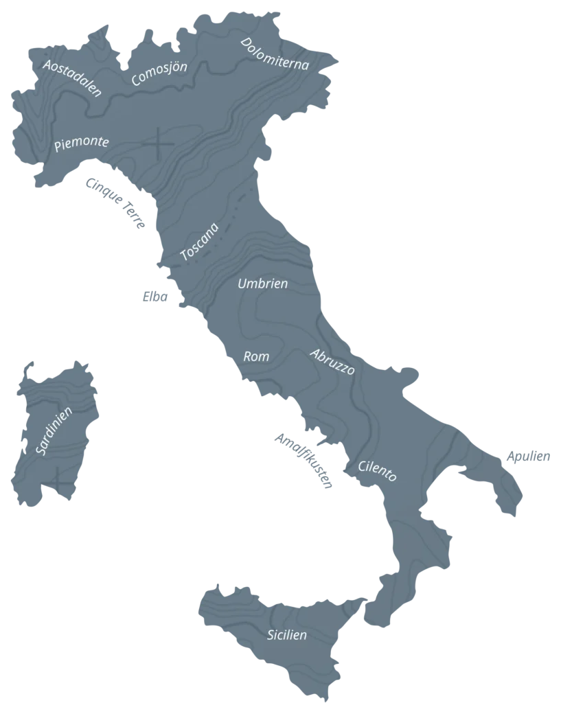 Karta över regioner och vandringsområden i Italien